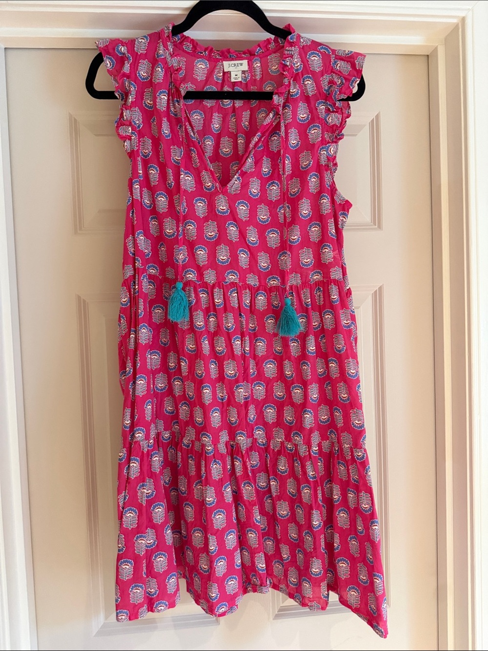 J. Crew Hot Pink Dress with Teal Tassels and White Print